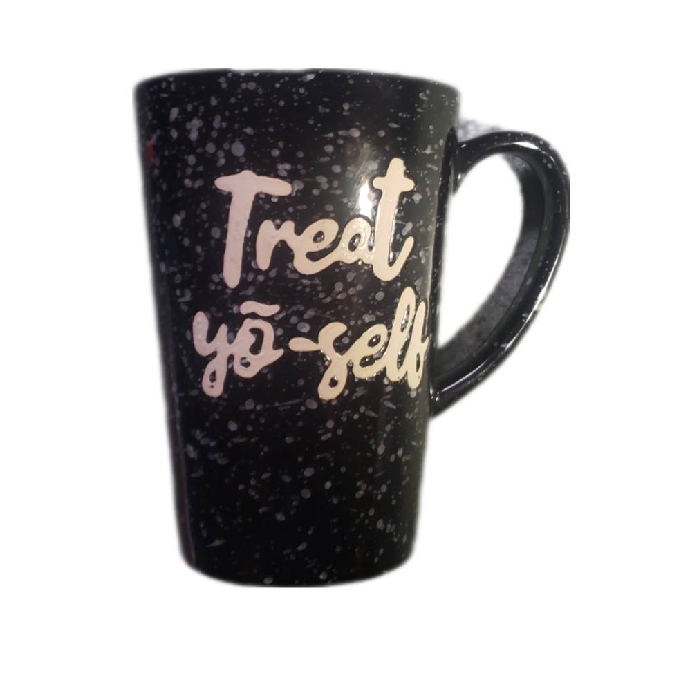 Black and White Speckled Stoneware Fun Treat Yo-Self Mug